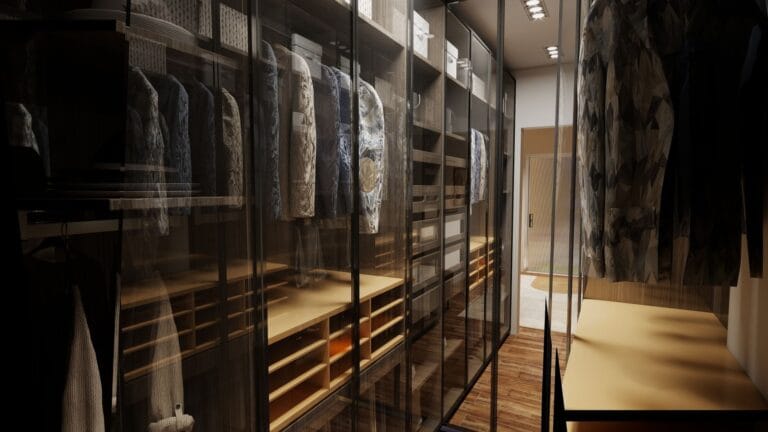 Elegancka garderoba z przeszklonymi drzwiami i drewnianą podłogą
